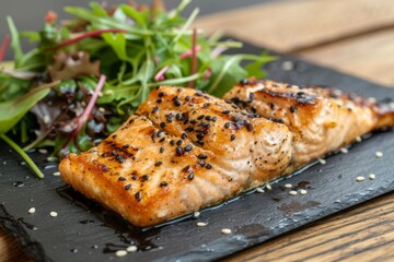 Fish roasted on an old wooden table. Grilled salmon fillets with sesame seeds and herbs. Studio shot.