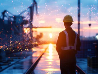 Silhouette of a logistics manager with supply chain networks and transportation technology