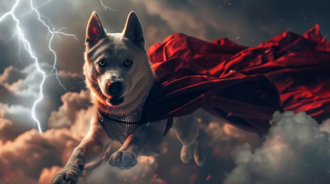 Portrait of a super hero Husky dog with cloud and lightning bolt