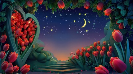A whimsical animated background with a door in the shape of a heart made from bright red tulips, opening to reveal a staircase descending into a serene night sky.