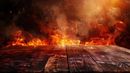 empty wooden table with fiery flames background hot and spicy food promotion digital illustration