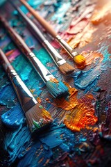 A close-up shot of paintbrushes on a palette with colorful oil paint