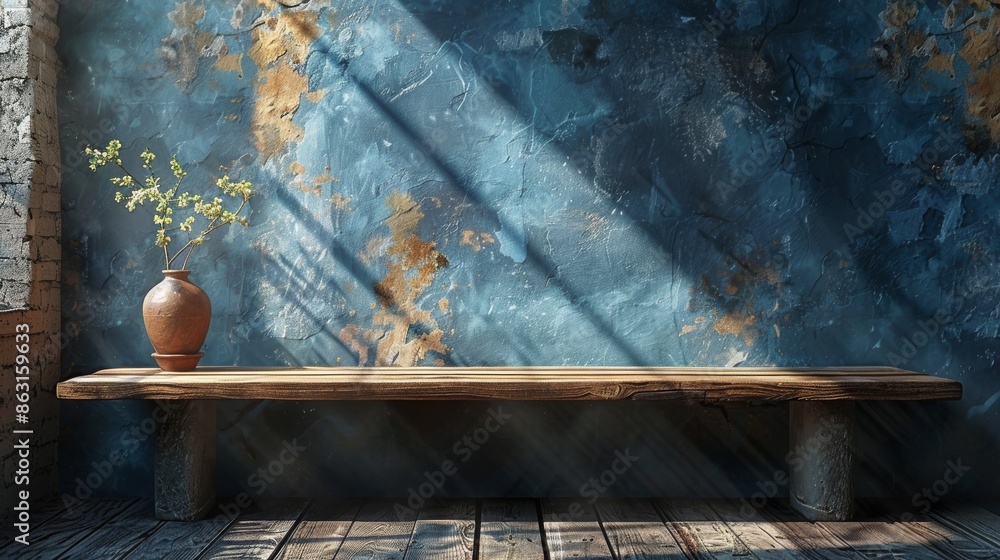 Poster a dark background wall with an empty table is used for montage of products