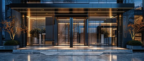 Obraz premium Modern glass building facade with sleek entrance, evening lights, and reflections on wet pavement showcasing contemporary architecture.