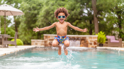 Happy black boy in swimming googles jumping into swimmin pool. Concept: childhood joy, school holidays, summer fun.