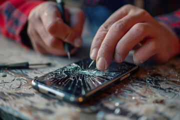 Fototapeta premium A man is repairing a cracked phone screen,, generative ai image