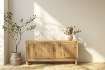 Fototapeta premium Interior design of a minimal dining room with wooden furniture