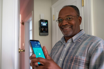 A man is smiling while holding a smart phone in his hand, indicating a positive interaction with a communication device. The man seems content and engaged with the technology