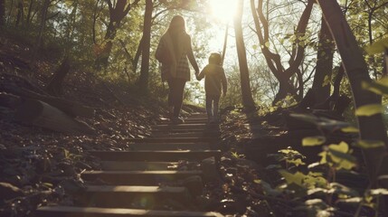 Mom and little child walking on stairs hiking in woods in park