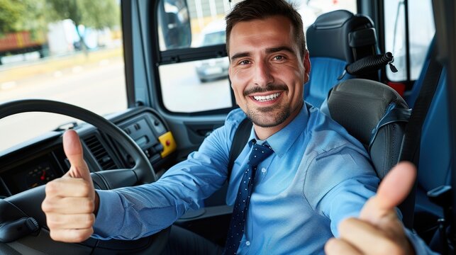 Cheerful bus driver showing thumbs up while on duty