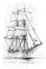 Hand sketch of a vintage sailing ship over white background