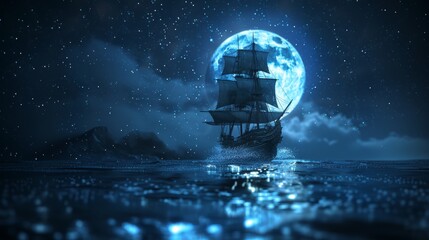 Sailing ship in sea water with giant moon.