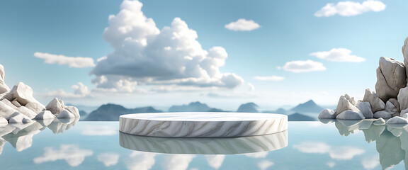  Podium water background product display scene 3d marble stand stone summer platform. Mockup background water beauty white podium rock space cosmetic stage blue presentation nature light pool black 