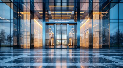 Fototapeta premium Modern glass office building entrance with reflective surfaces and sleek architectural design under evening light.