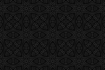Embossed black background, cover design, banner. Geometric tribal unique 3D pattern. Ethnic ornaments, arabesques, handmade. Art Deco, traditions of the East, Asia, India, Mexico, Aztec, Peru.