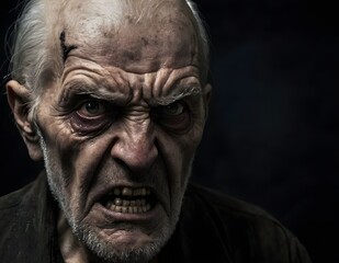 Obraz premium Close Up Portrait of an Angry Elderly Man With Gray Hair and a Black Shirt