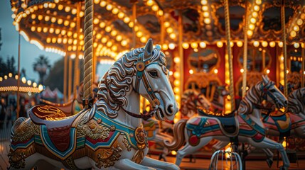 Colorful carousel horse with detailed decorations on vibrant carousel ride, lit by festive lights in the background.