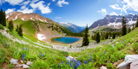 panoramic view of alpine meadow in the mountains	
