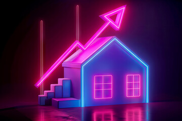 3D holographic house model illuminated in neon colors with a pink arrow pointing upward