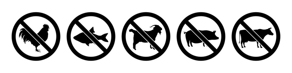 Non-Vegetarian prohibited black ban symbol with chicken, fish, goat, pig and beef meat forbidden icon set. Non veg ban icons collection.