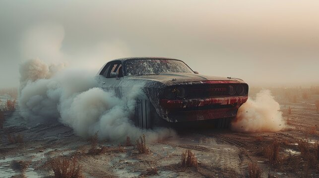 Drifting car in smoke, dynamic motion concept.