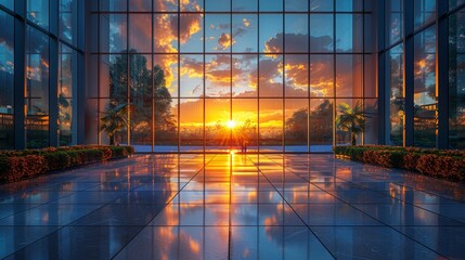 Corporate headquarters bathed in golden sunset light through tall windows.
