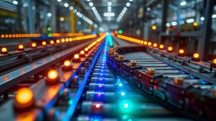 Obraz premium Industrial conveyor sensors in factory machinery with colorful lights for optimal performance.