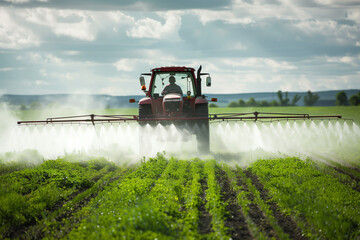 Fototapeta premium Farmer Driving Modern Tractor Through Green Fields