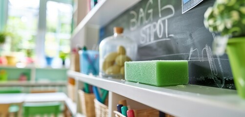 Simple green blackboard eraser on a white shelf in a bright classroom, marking back to school after summer vacation.