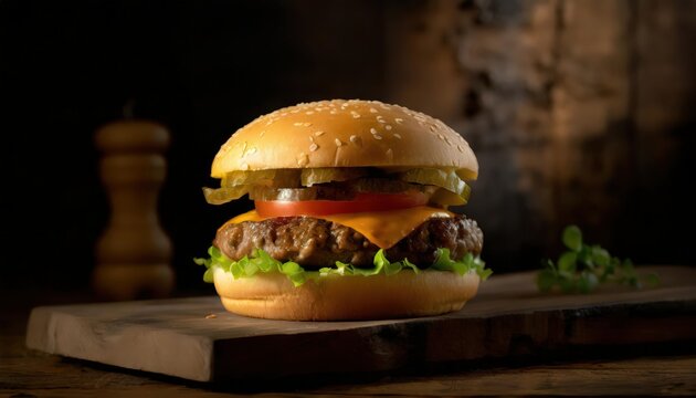 Cheeseburger on a table.