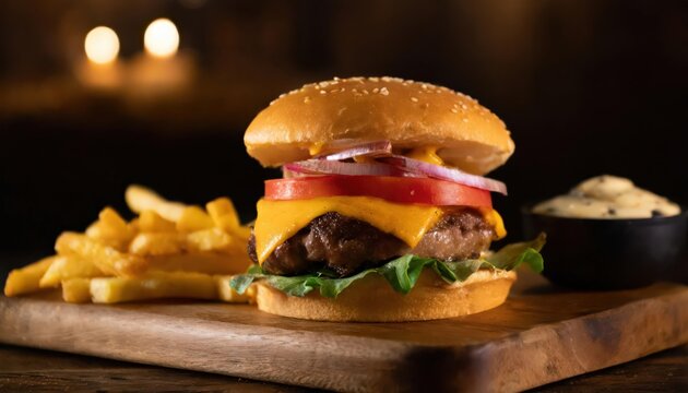 cheeseburger with fries and tomatoes.