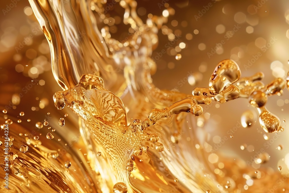 Poster liquid gold splashing with sparkling droplets isolated on a warm bokeh background.