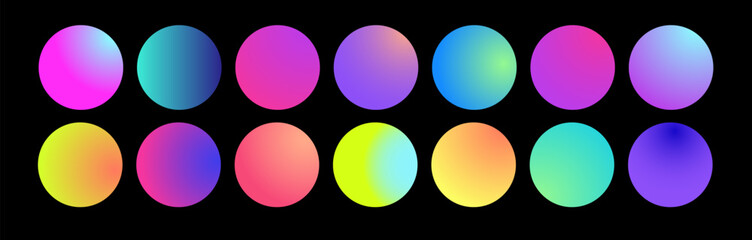 Rounded holographic gradient sphere. Multicolor green purple yellow orange pink cyan fluid circle gradients, colorful soft round buttons or vivid color spheres flat set.