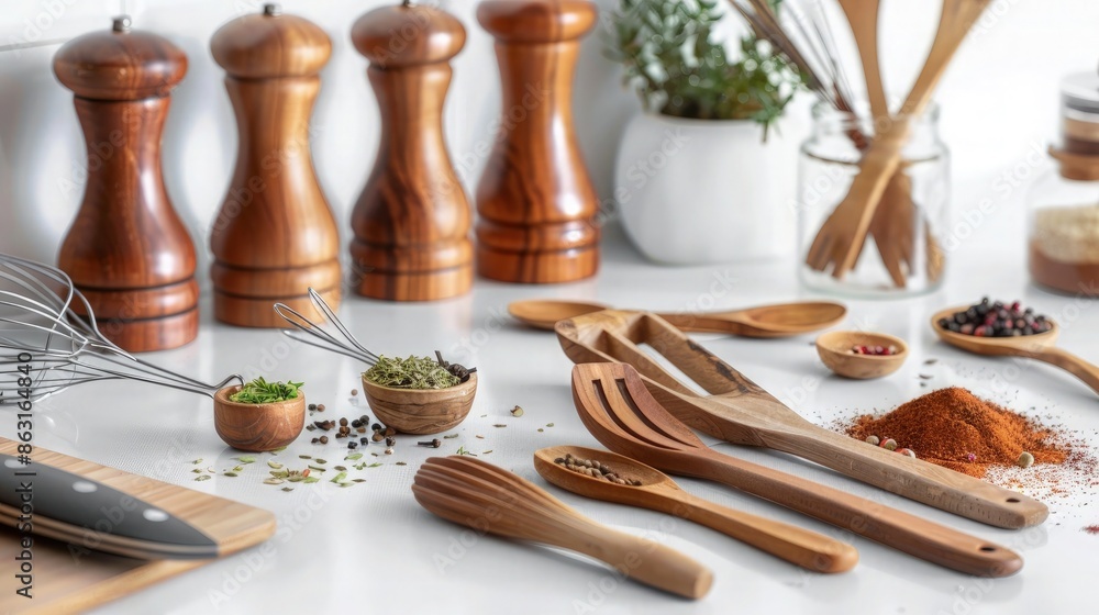 Wall mural A modern kitchen setting with wooden spoons, whisks, and various spices and herbs spread across a clean white countertop, reflecting a functional and stylish cooking space.