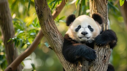 A panda bear on tree in wild forest.