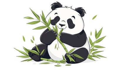 Flat vector illustration of panda with bamboo leave