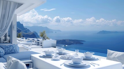 Obraz premium A luxury villa interior in white and blue, featuring a dining area with a close-up of a beautifully served table, overlooking a breathtaking view of the sea merging into the sky and distant mountains.