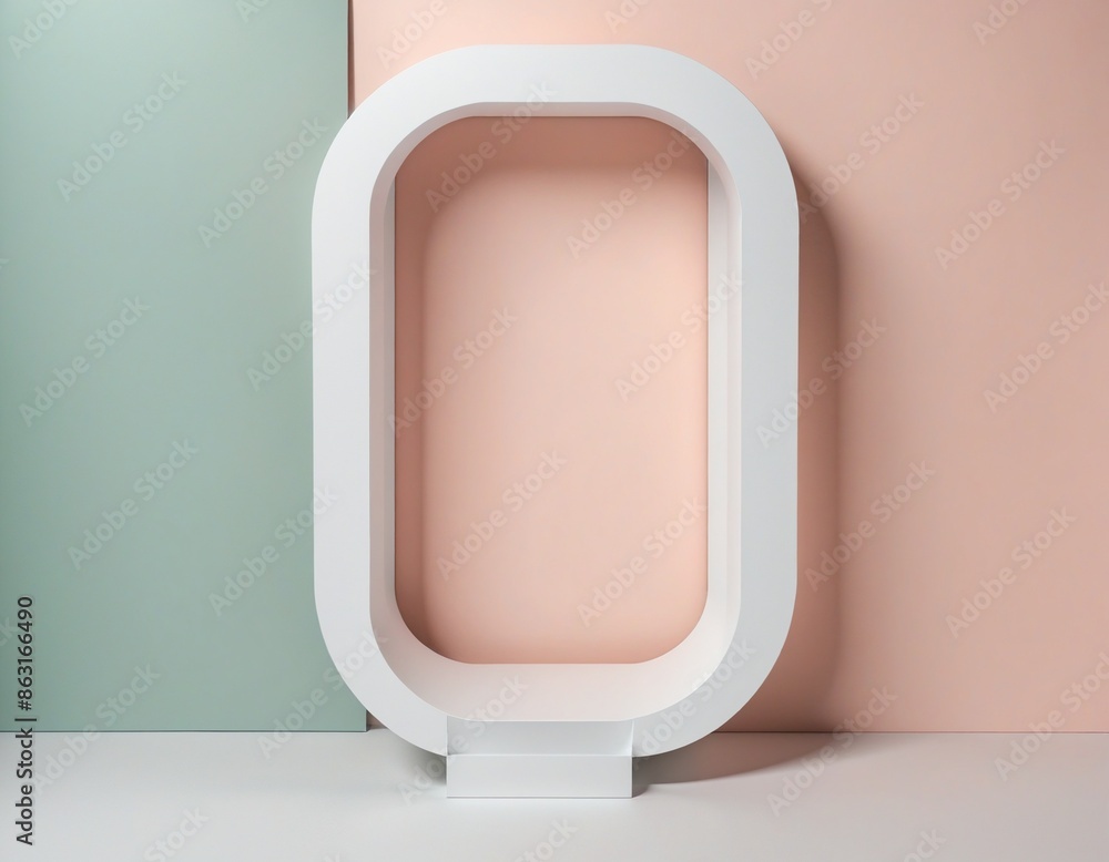 Poster colorful geometric gallery display featuring a top view render of an empty white cylinder frame on a