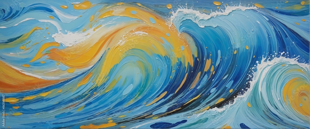 Poster abstract rough texture painting on canvas with a colorful blue wave design created by ai-generated b