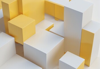Fototapeta premium Minimalist geometric composition: 3D yellow cube design in a white empty space