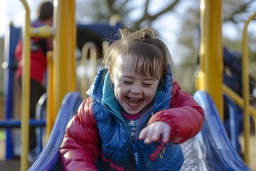 Joyful Child with Down Syndrome Enjoying Playground Fun on a Winter Day