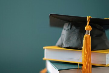 Graduation hat, diploma, and stack of textbooks, educational success
