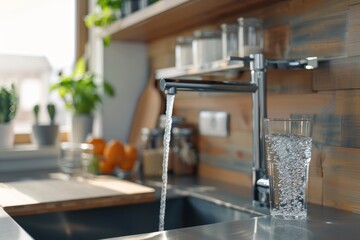 Modern Kitchen with Sleek Faucet Water Filter System for Pure Drinking Water