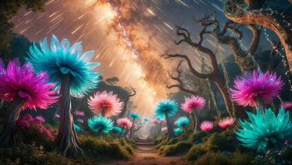 A cinematic photograph of an enchanted wonderland galaxy forest