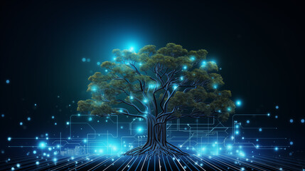 Glowing technological tree on a dark background, starlight in the night sky