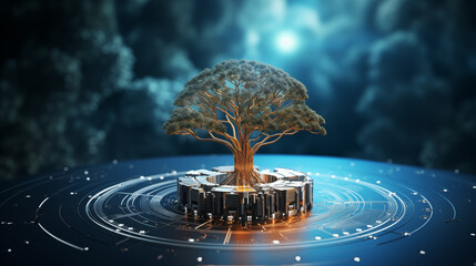 Glowing technological tree on a dark background, starlight in the night sky