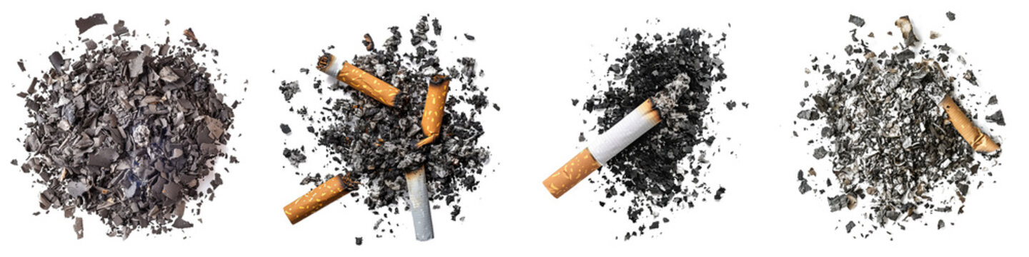 A mound of ash, dark gray in color, with varying sizes of ash fragments. This pile does not contain any visible cigarette butts.