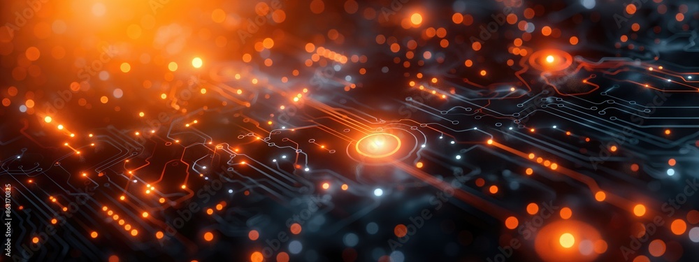 Poster technological circuit board with glowing elements background. concept of advanced digital innovation