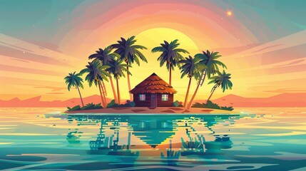 Obraz premium Vector illustration of beautiful scenic landscape of tropical sea island with palm tree and house