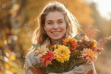 Fototapeta premium woman with bouquet of autumn flowers outdoors